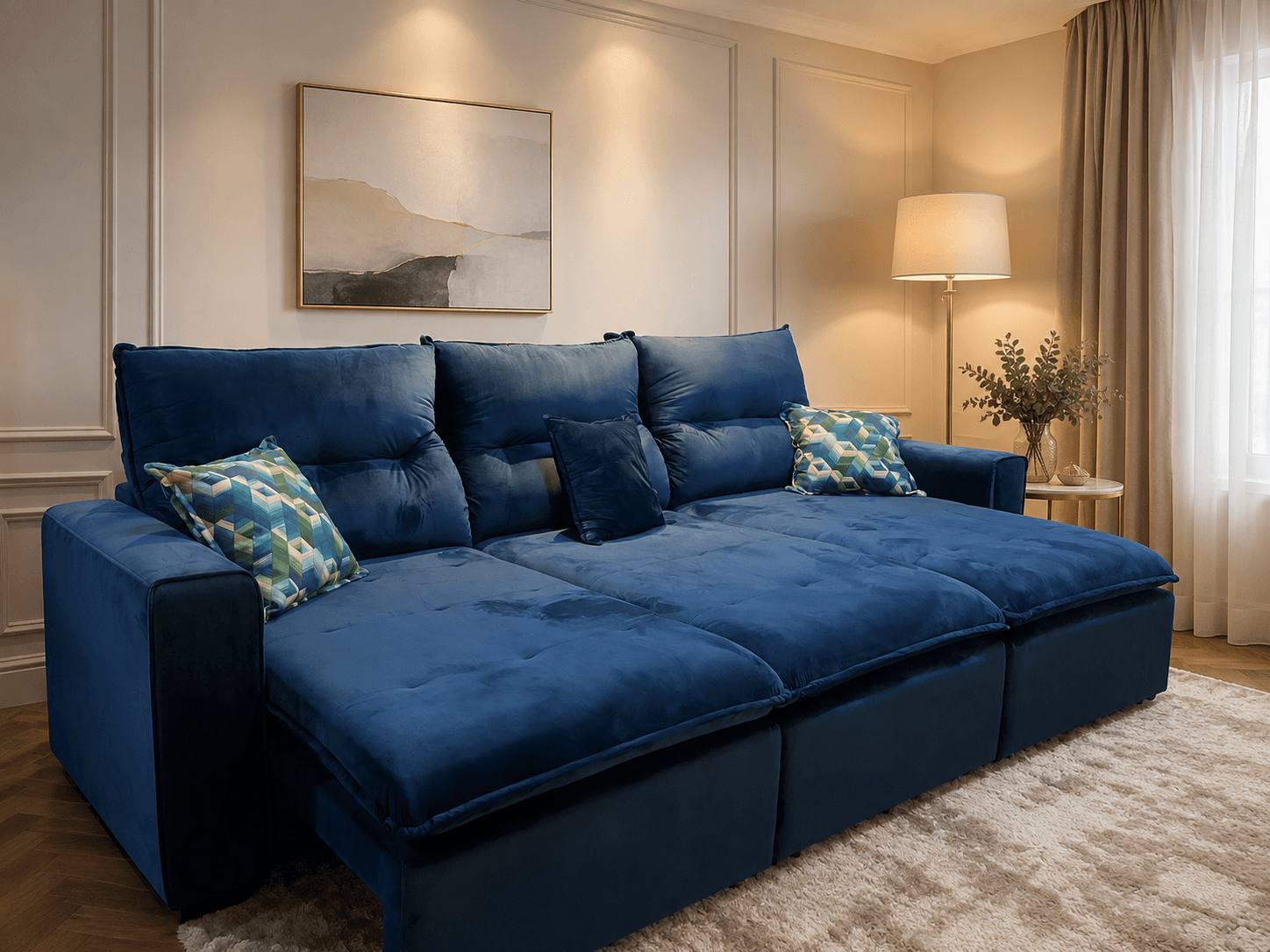 Sofá azul retrátil em sala com mesa lateral - PCR Móveis, Manaus