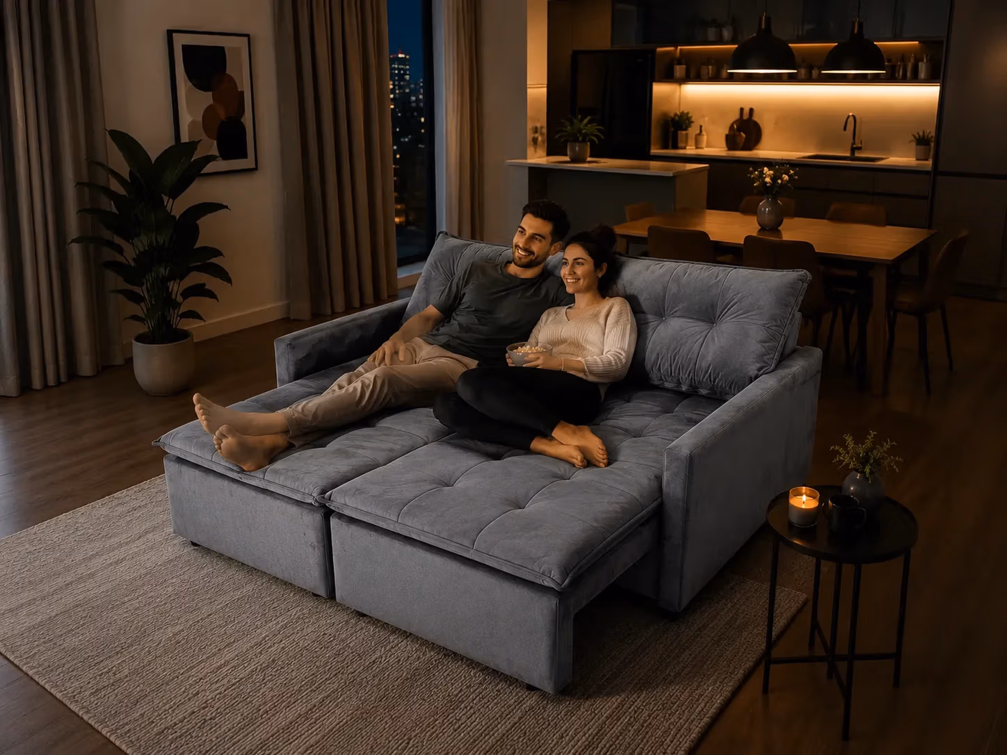 Casal assistindo TV no sofá Liverpool à noite