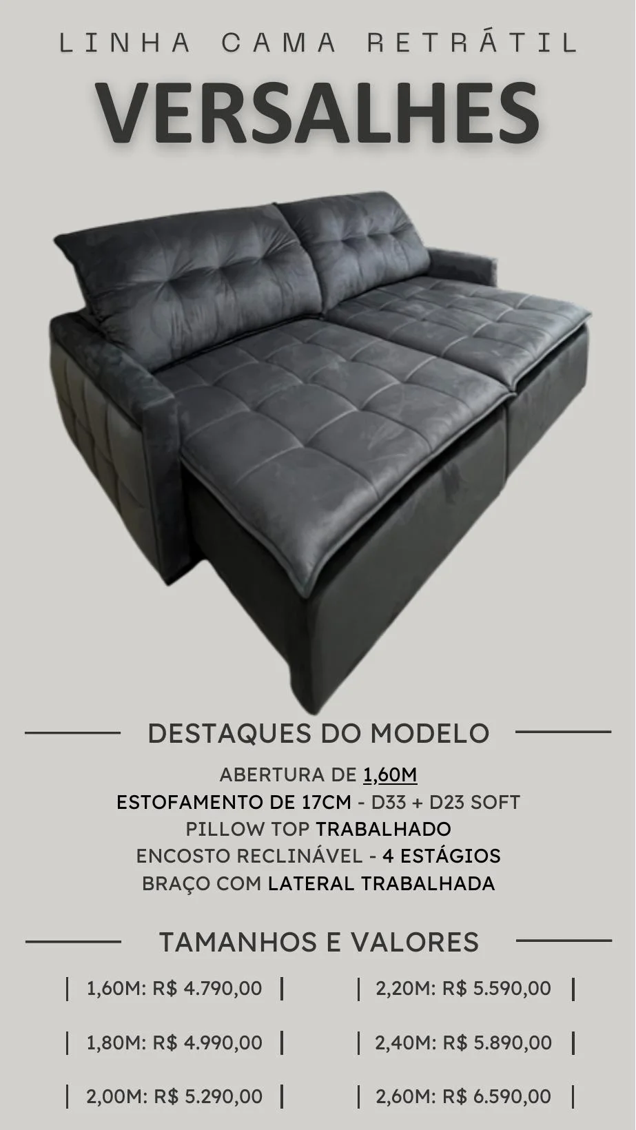 Linha retrátil reclinável Versalhes — catálogo PCR Móveis