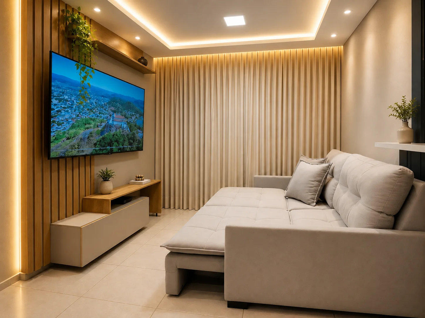 Sofá off white em home theater com cortina iluminada - PCR Móveis, Manaus