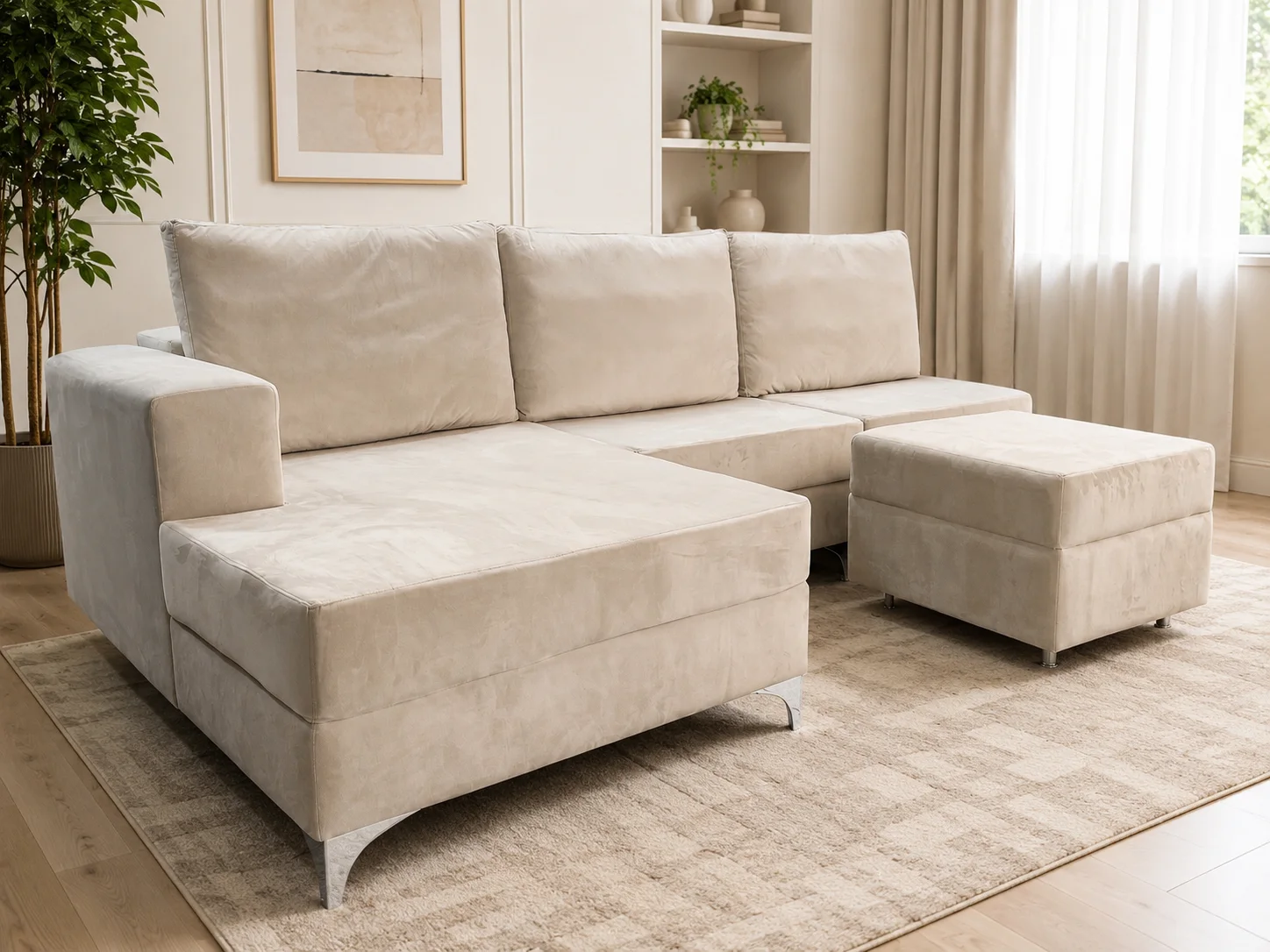 Sofá off white com chaise em sala compacta - PCR Móveis, Manaus